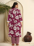 Yufta Purple Pure Cotton Kurta Dupatta Pant Set With Handwork | Grocsy