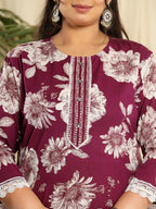 Yufta Purple Pure Cotton Kurta Dupatta Pant Set With Handwork | Grocsy