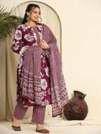 Yufta Purple Pure Cotton Kurta Dupatta Pant Set With Handwork | Grocsy