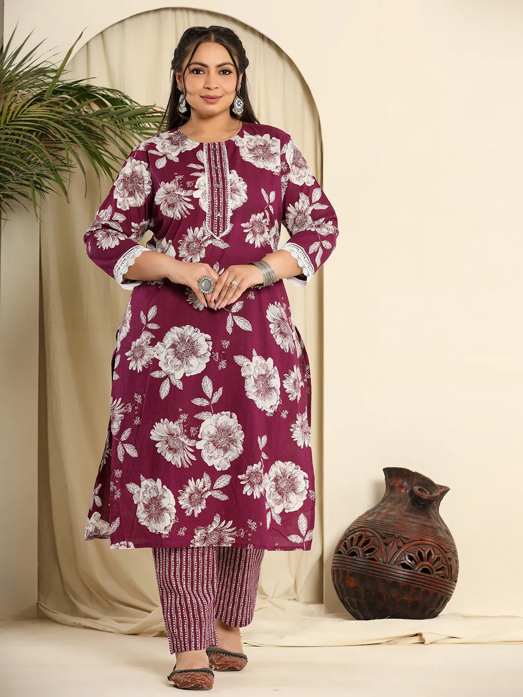Yufta Purple Pure Cotton Kurta Dupatta Pant Set With Handwork | Grocsy