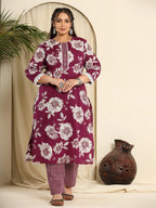 Yufta Purple Pure Cotton Kurta Dupatta Pant Set With Handwork | Grocsy