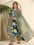 Yufta Teal Blue Pure Cotton Kurta Dupatta Pant Set With Handwork | Grocsy