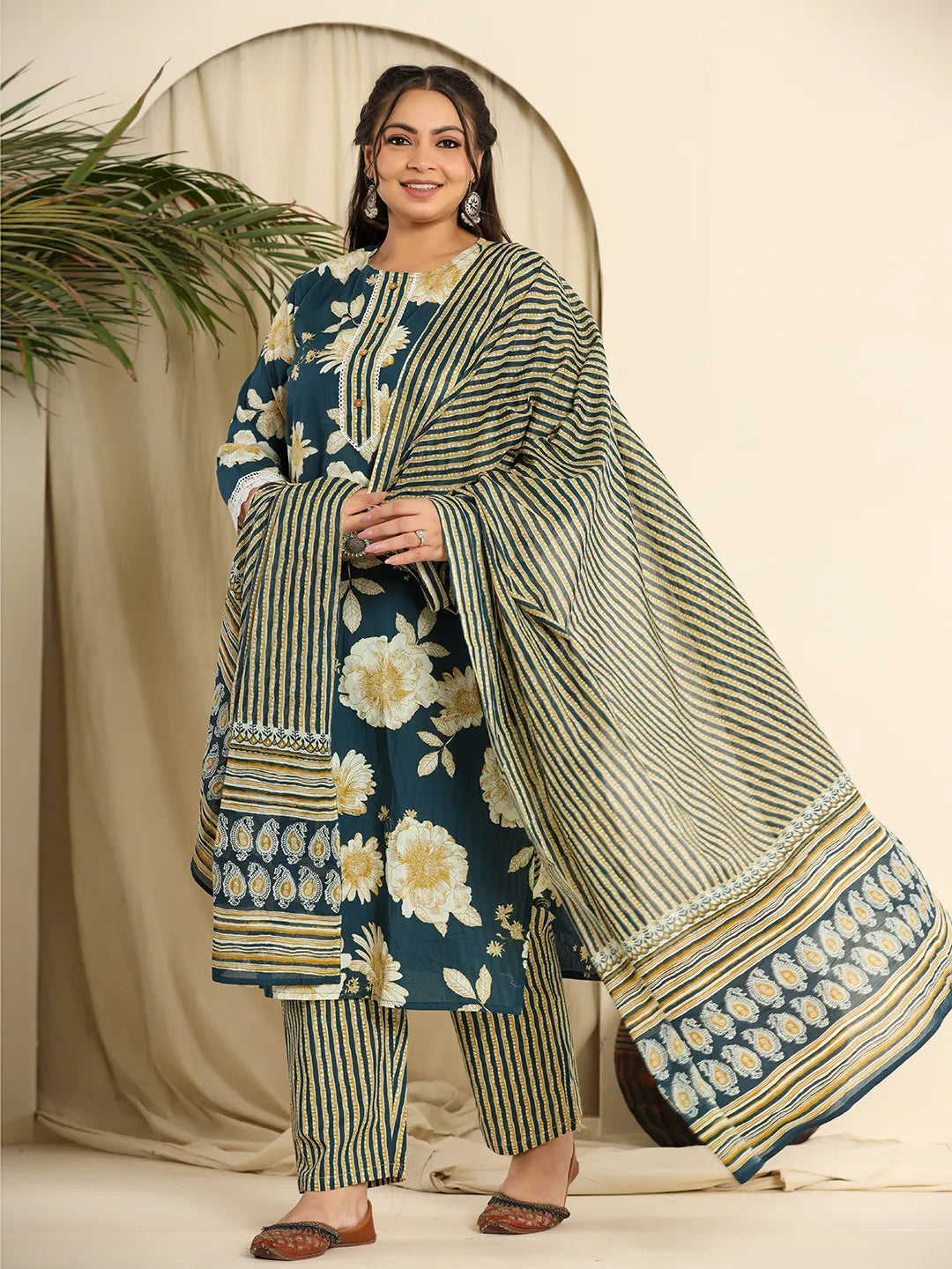 Yufta Teal Blue Pure Cotton Kurta Dupatta Pant Set With Handwork | Grocsy
