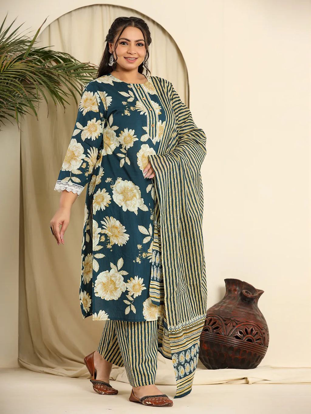 Yufta Teal Blue Pure Cotton Kurta Dupatta Pant Set With Handwork | Grocsy