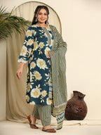 Yufta Teal Blue Pure Cotton Kurta Dupatta Pant Set With Handwork | Grocsy