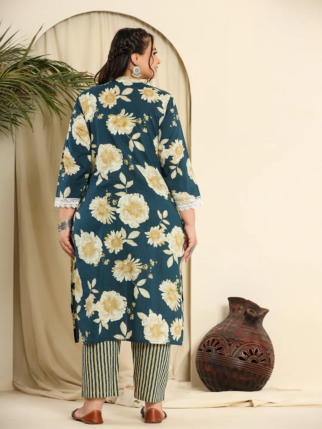 Yufta Teal Blue Pure Cotton Kurta Dupatta Pant Set With Handwork | Grocsy