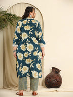 Yufta Teal Blue Pure Cotton Kurta Dupatta Pant Set With Handwork | Grocsy