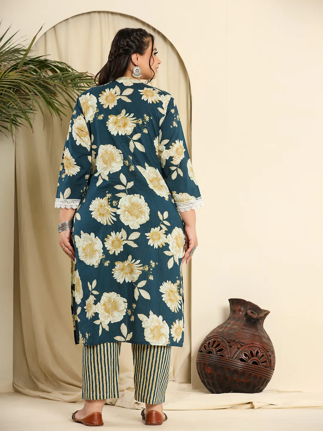 Yufta Teal Blue Pure Cotton Kurta Dupatta Pant Set With Handwork | Grocsy