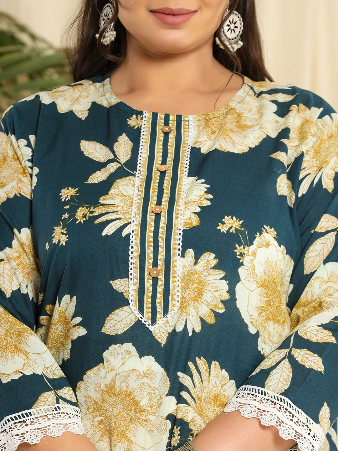 Yufta Teal Blue Pure Cotton Kurta Dupatta Pant Set With Handwork | Grocsy
