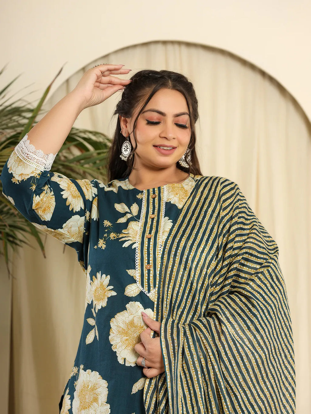 Yufta Teal Blue Pure Cotton Kurta Dupatta Pant Set With Handwork | Grocsy