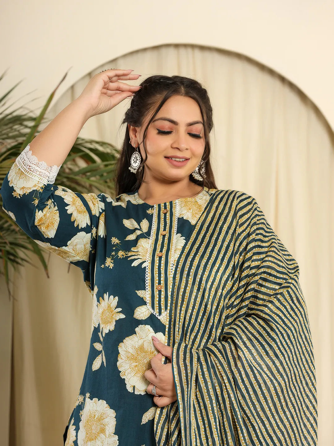 Yufta Teal Blue Pure Cotton Kurta Dupatta Pant Set With Handwork | Grocsy
