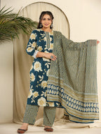 Yufta Teal Blue Pure Cotton Kurta Dupatta Pant Set With Handwork | Grocsy