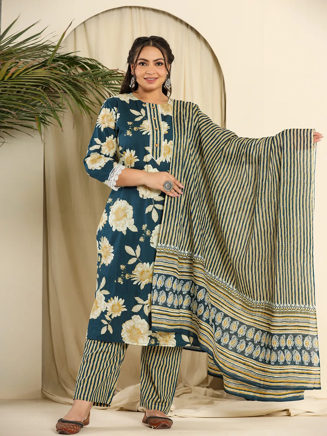 Yufta Teal Blue Pure Cotton Kurta Dupatta Pant Set With Handwork | Grocsy