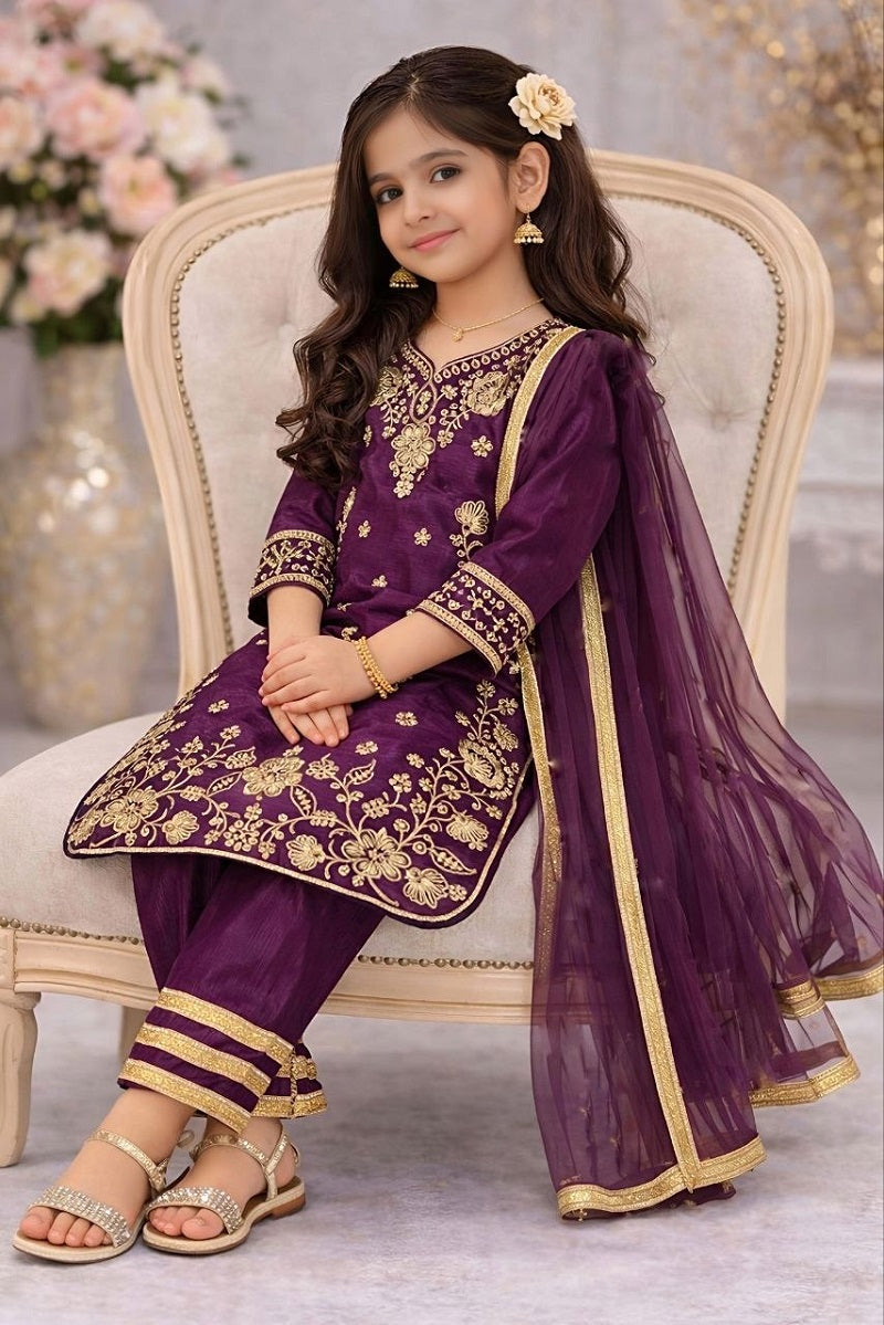 Evanik Purple Premium Chinon Silk Wedding Kids Kurta Set | Grocsy
