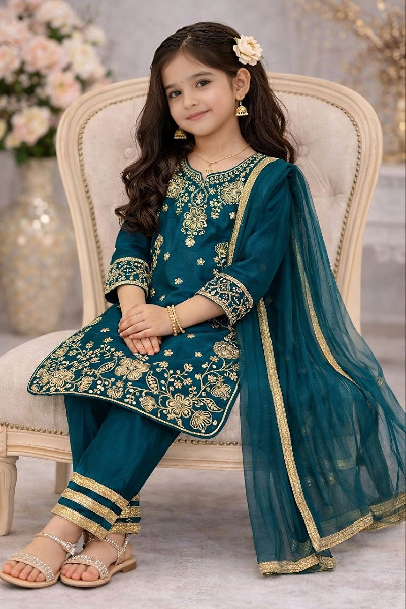 Evanik Blue Premium Chinon Silk Wedding Kids Kurta Set | Grocsy