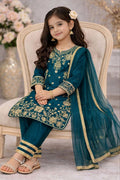 Evanik Blue Premium Chinon Silk Wedding Kids Kurta Set | Grocsy