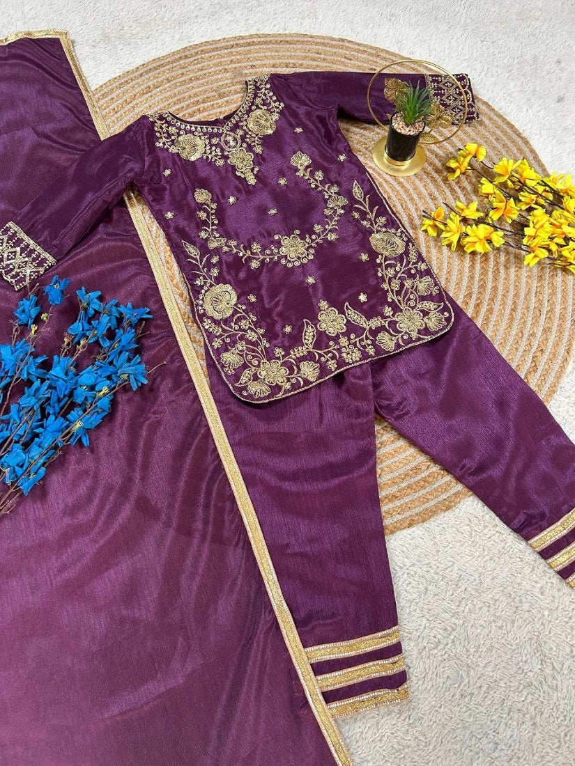 Evanik Purple Premium Chinon Silk Wedding Kids Kurta Set | Grocsy