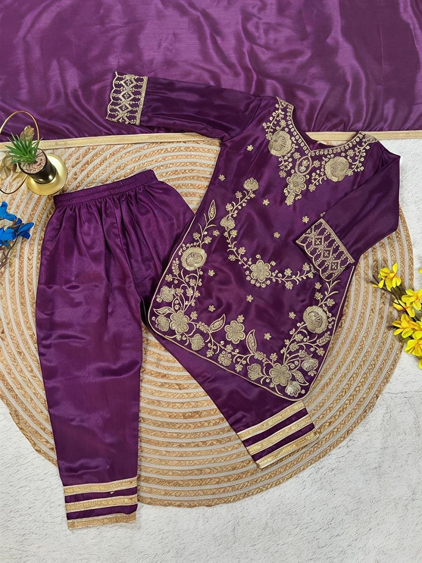 Evanik Purple Premium Chinon Silk Wedding Kids Kurta Set | Grocsy