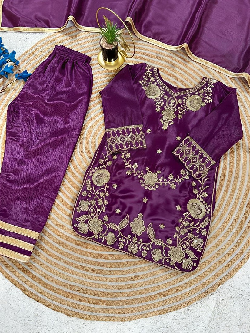 Evanik Purple Premium Chinon Silk Wedding Kids Kurta Set | Grocsy