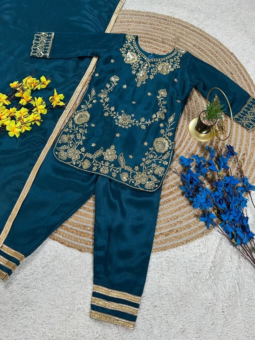 Evanik Blue Premium Chinon Silk Wedding Kids Kurta Set | Grocsy