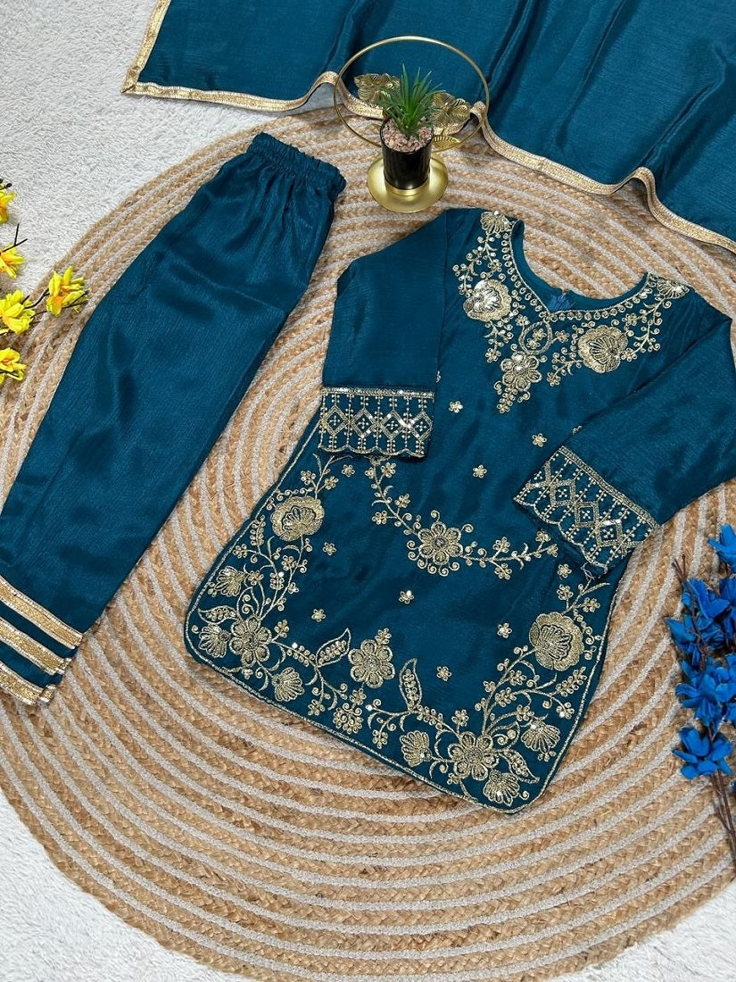 Evanik Blue Premium Chinon Silk Wedding Kids Kurta Set | Grocsy