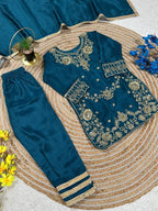 Evanik Blue Premium Chinon Silk Wedding Kids Kurta Set | Grocsy