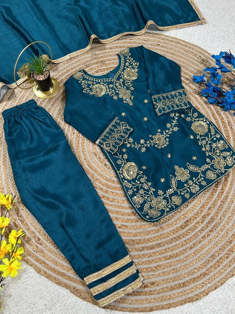 Evanik Blue Premium Chinon Silk Wedding Kids Kurta Set | Grocsy
