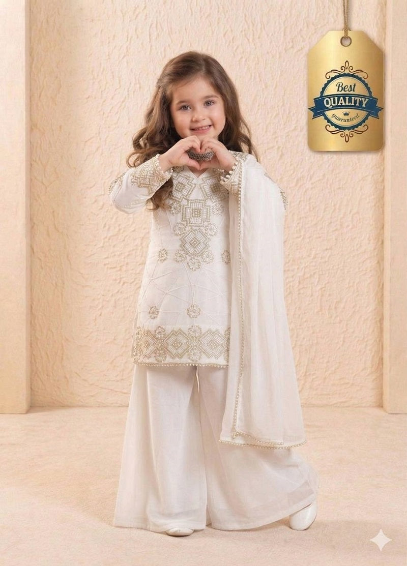 Evanik White Designer Party Wear Look Kids Top Palazzo & Dupatta Set | Grocsy