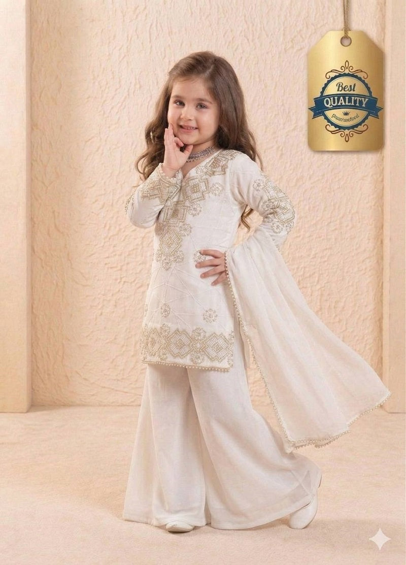 Evanik White Designer Party Wear Look Kids Top Palazzo & Dupatta Set | Grocsy