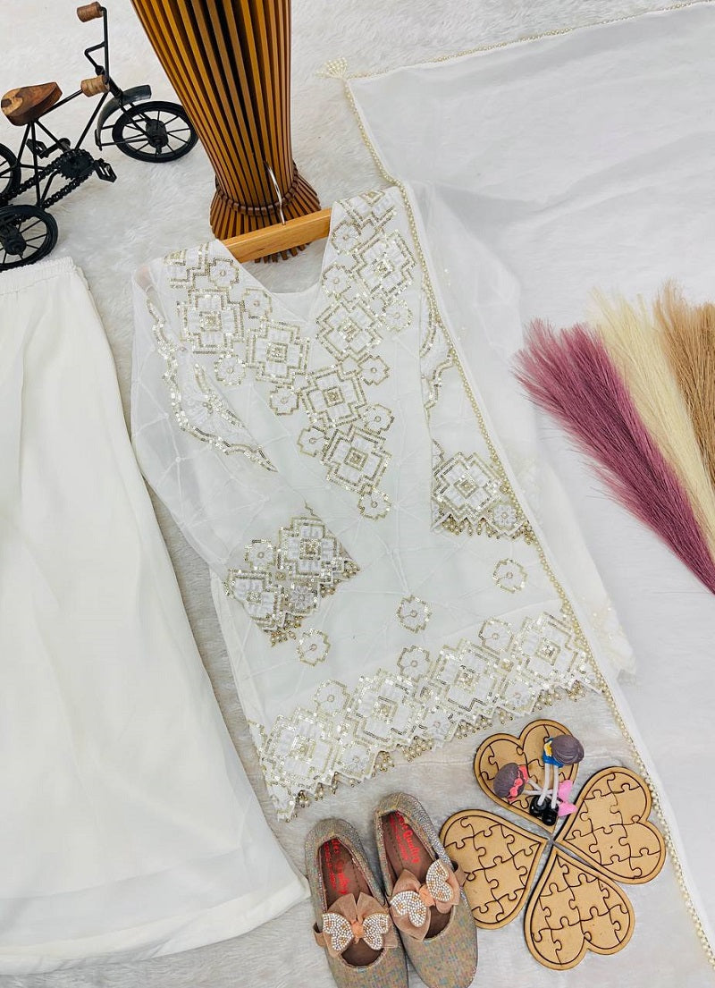 Evanik White Designer Party Wear Look Kids Top Palazzo & Dupatta Set | Grocsy