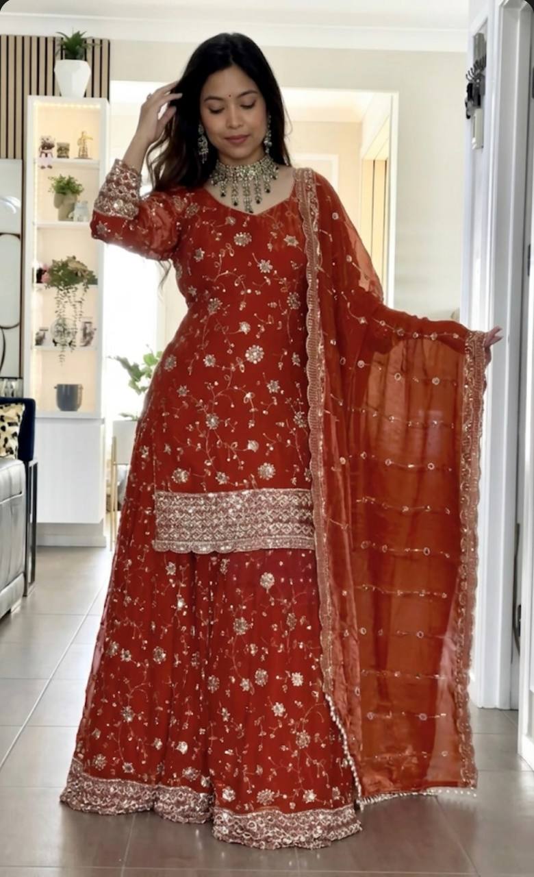 Yash Enterprise Orange Fandy Silk Party Wear Embroidery Sharara Suit Set | Grocsy