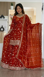Yash Enterprise Orange Fandy Silk Party Wear Embroidery Sharara Suit Set | Grocsy
