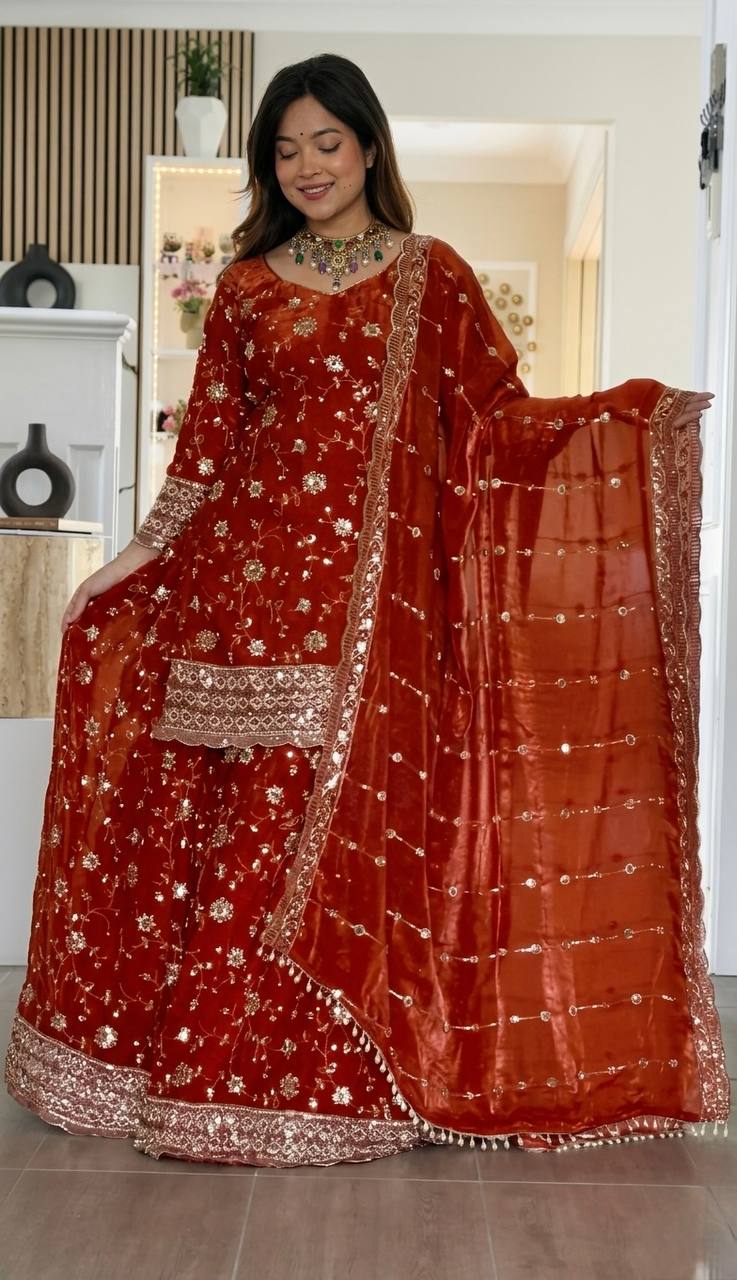 Yash Enterprise Orange Fandy Silk Party Wear Embroidery Sharara Suit Set | Grocsy