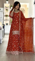 Yash Enterprise Orange Fandy Silk Party Wear Embroidery Sharara Suit Set | Grocsy