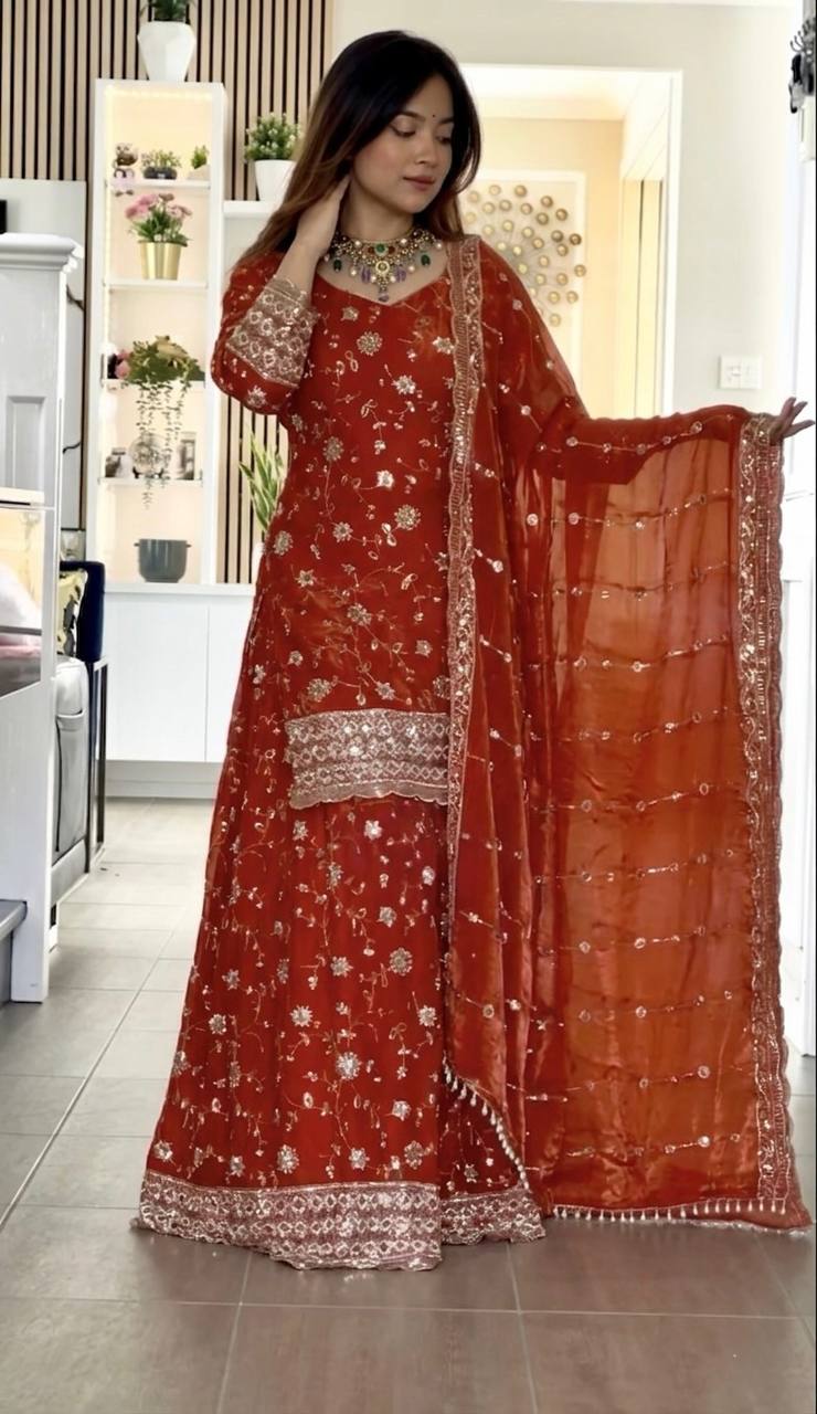 Yash Enterprise Orange Fandy Silk Party Wear Embroidery Sharara Suit Set | Grocsy