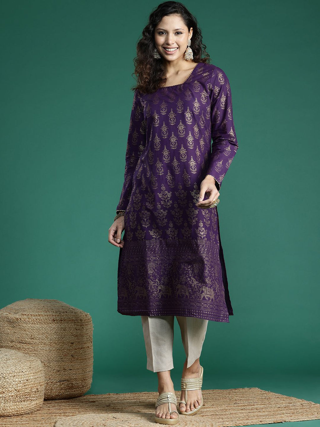 Sangria Ethnic Motifs Printed Gotta Patti Kurta | Grocsy