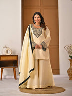 Yash Enterprise Off White Roman Silk Embroidery Party Wear Suit Set | Grocsy