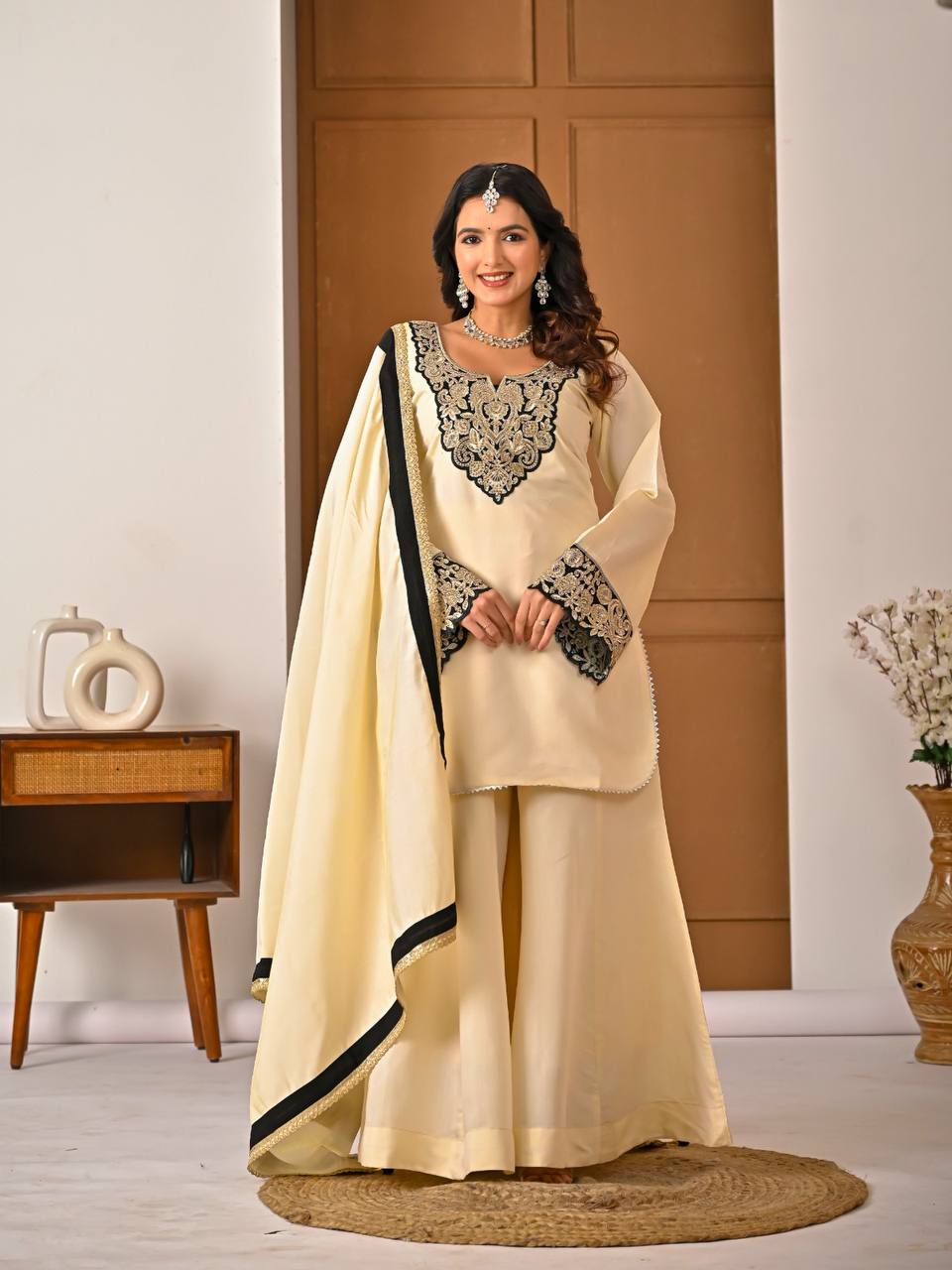 Yash Enterprise Off White Roman Silk Embroidery Party Wear Suit Set | Grocsy