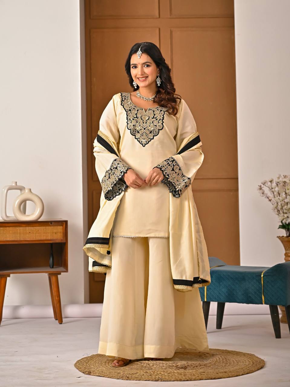 Yash Enterprise Off White Roman Silk Embroidery Party Wear Suit Set | Grocsy