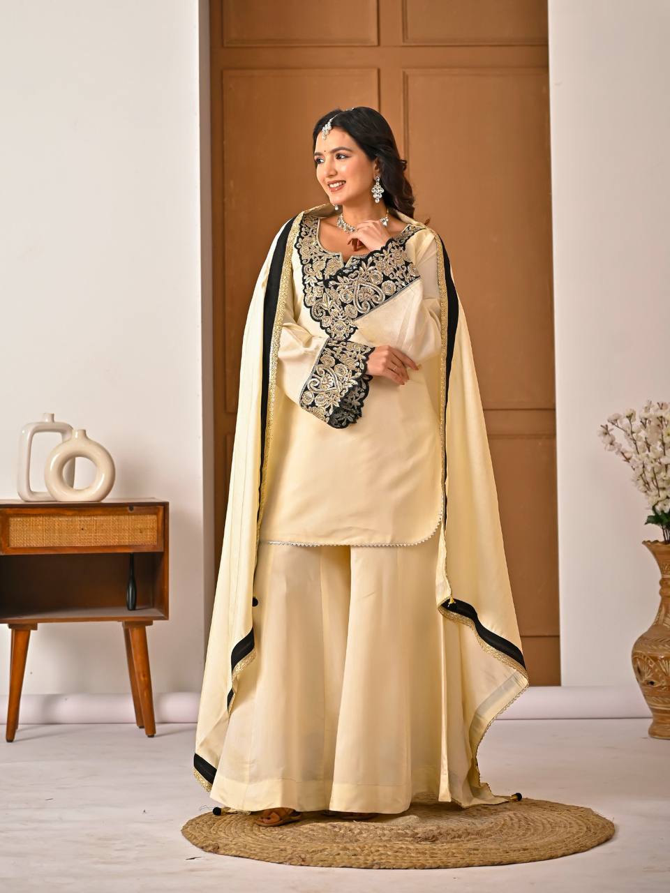 Yash Enterprise Off White Roman Silk Embroidery Party Wear Suit Set | Grocsy