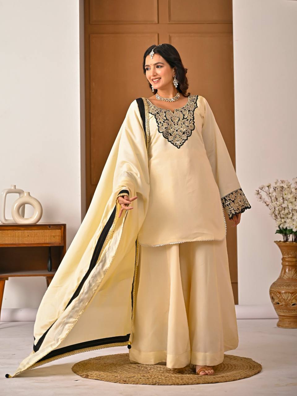 Yash Enterprise Off White Roman Silk Embroidery Party Wear Suit Set | Grocsy