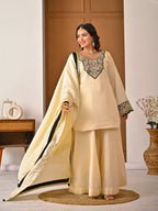 Yash Enterprise Off White Roman Silk Embroidery Party Wear Suit Set | Grocsy