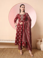 Yufta Maroon Pure Cotton Chikankari Anarkali Kurta Dupatta Pant Set | Grocsy