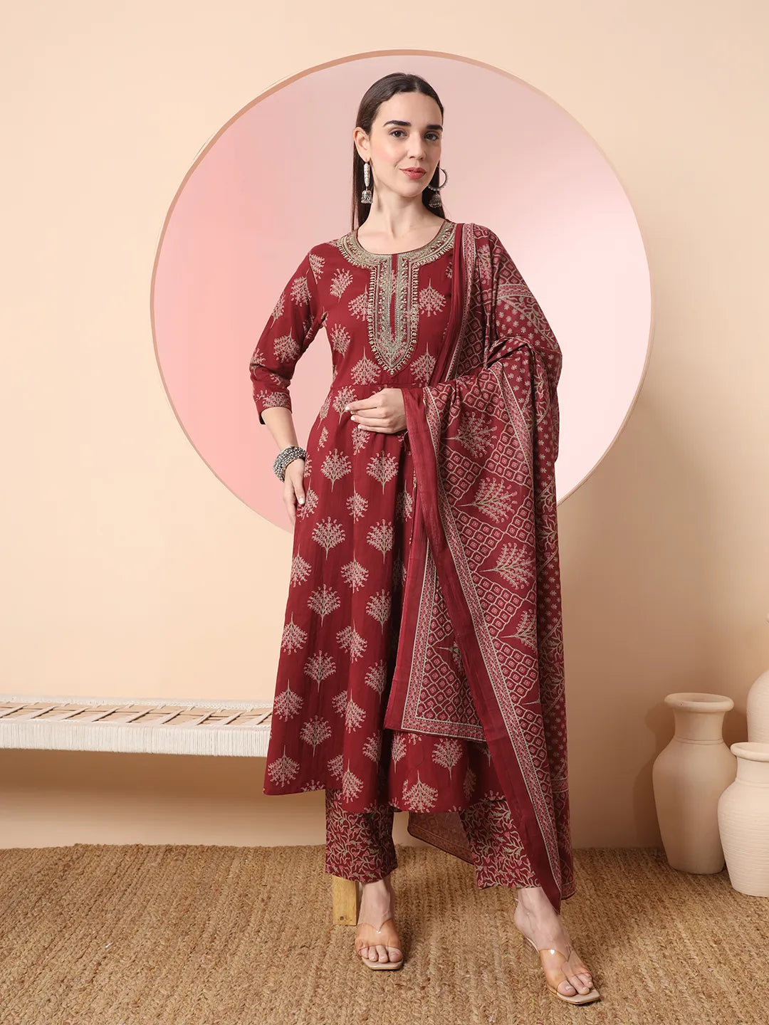 Yufta Maroon Pure Cotton Chikankari Anarkali Kurta Dupatta Pant Set | Grocsy