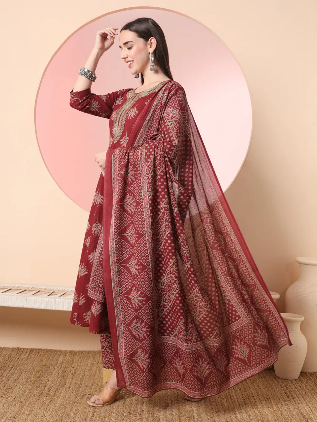 Yufta Maroon Pure Cotton Chikankari Anarkali Kurta Dupatta Pant Set | Grocsy