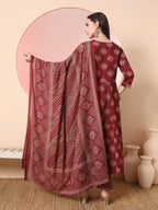 Yufta Maroon Pure Cotton Chikankari Anarkali Kurta Dupatta Pant Set | Grocsy