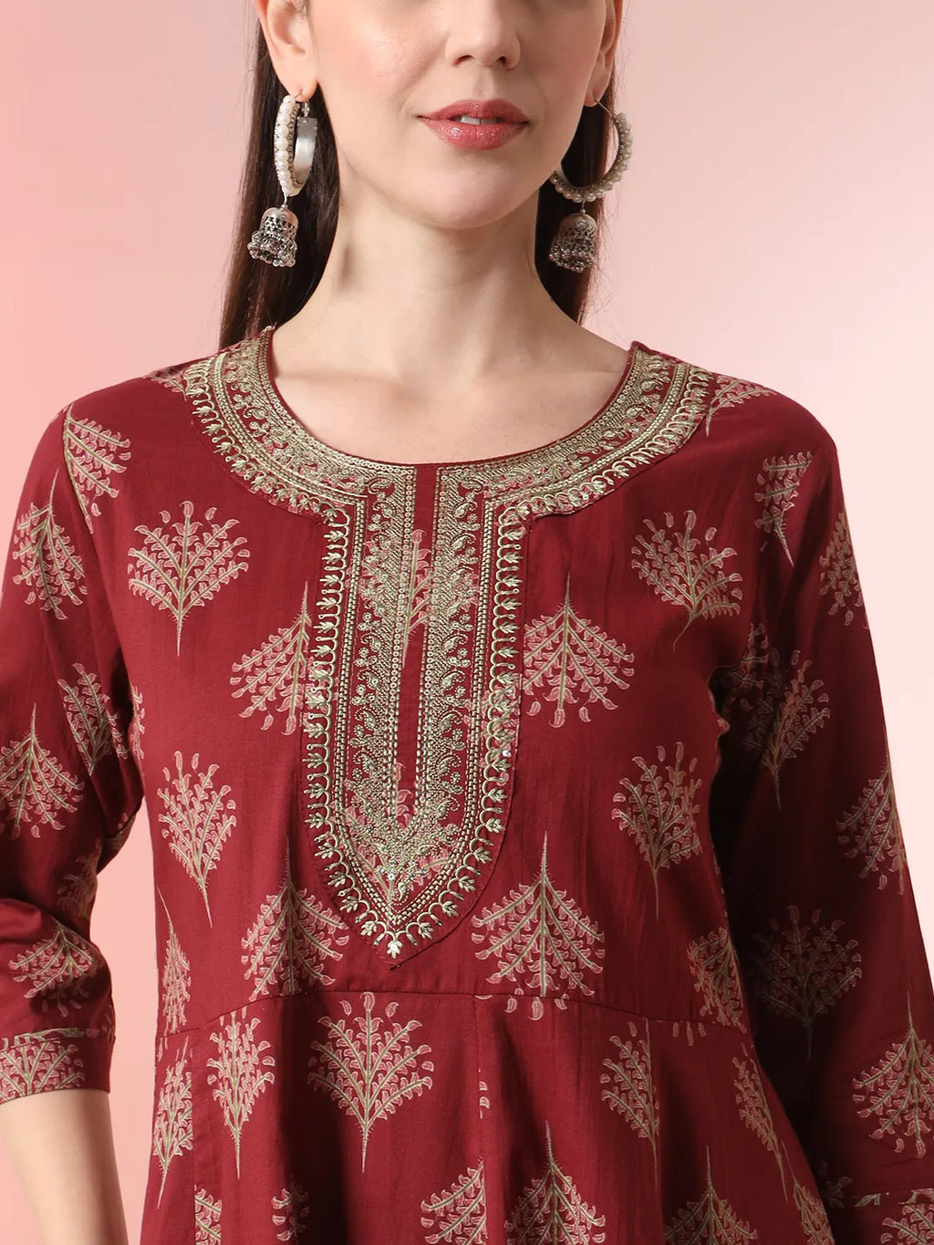 Yufta Maroon Pure Cotton Chikankari Anarkali Kurta Dupatta Pant Set | Grocsy