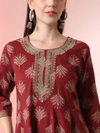 Yufta Maroon Pure Cotton Chikankari Anarkali Kurta Dupatta Pant Set | Grocsy