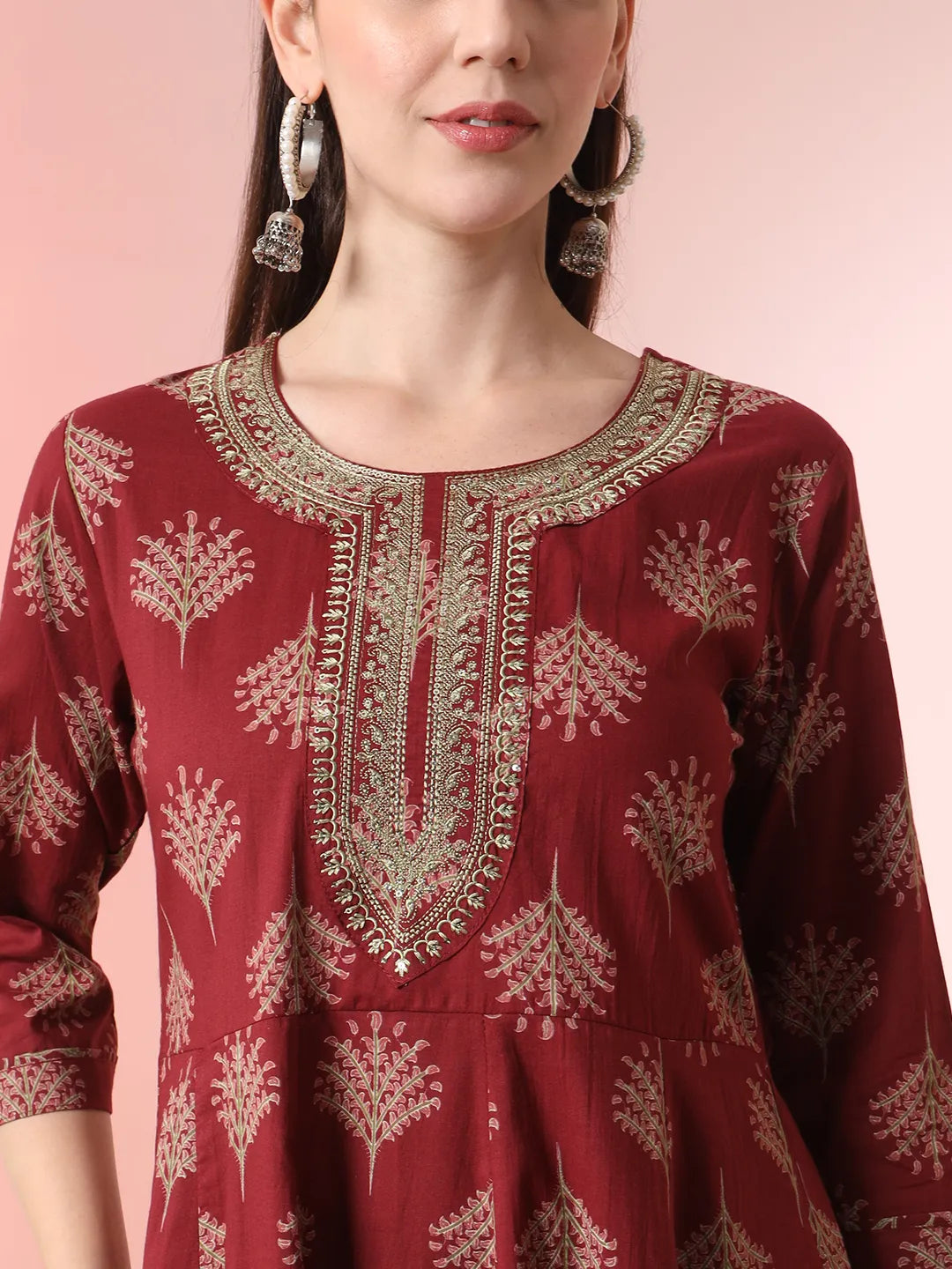 Yufta Maroon Pure Cotton Chikankari Anarkali Kurta Dupatta Pant Set | Grocsy