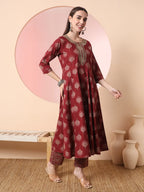Yufta Maroon Pure Cotton Chikankari Anarkali Kurta Dupatta Pant Set | Grocsy